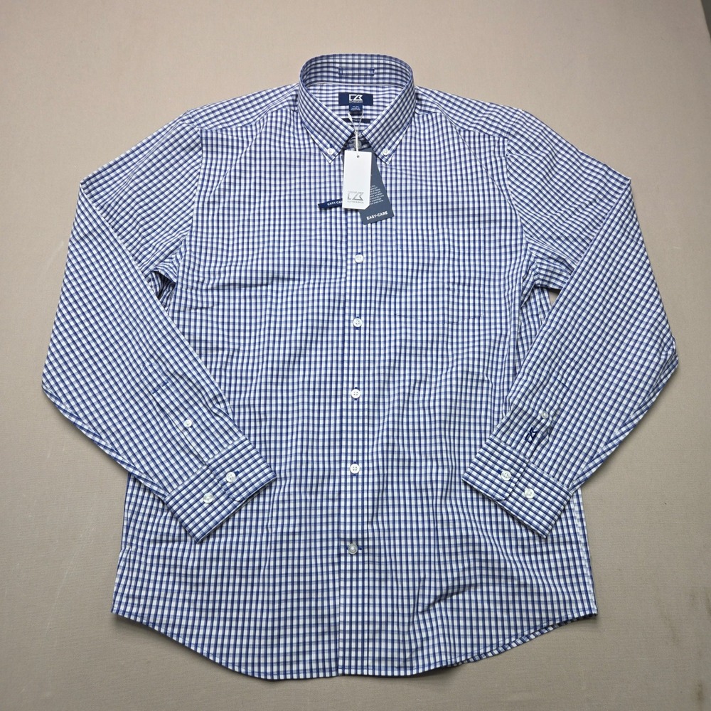 Cutter & Buck Button Down Shirt Easy Care Stretch Gingham Blue White Mens M